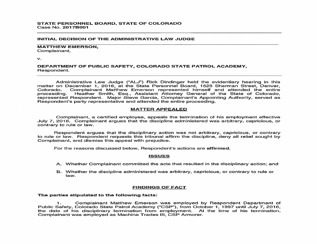 STATE PERSONNEL BOARD, STATE of COLORADO Case No. 2017B001 INITIAL DECISION of the ADMINISTRATIVE LAW JUDGE MATTHEW EMERSON