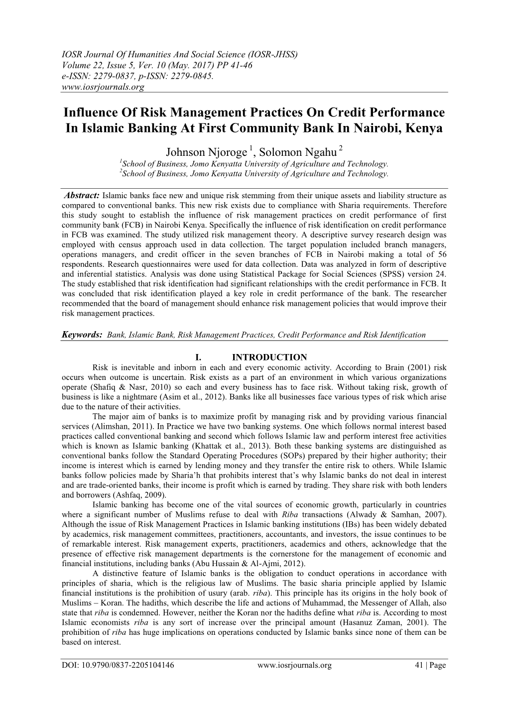 Influence of Risk Management Practices on Credit Performance in Islamic Banking at First Community Bank in Nairobi, Kenya