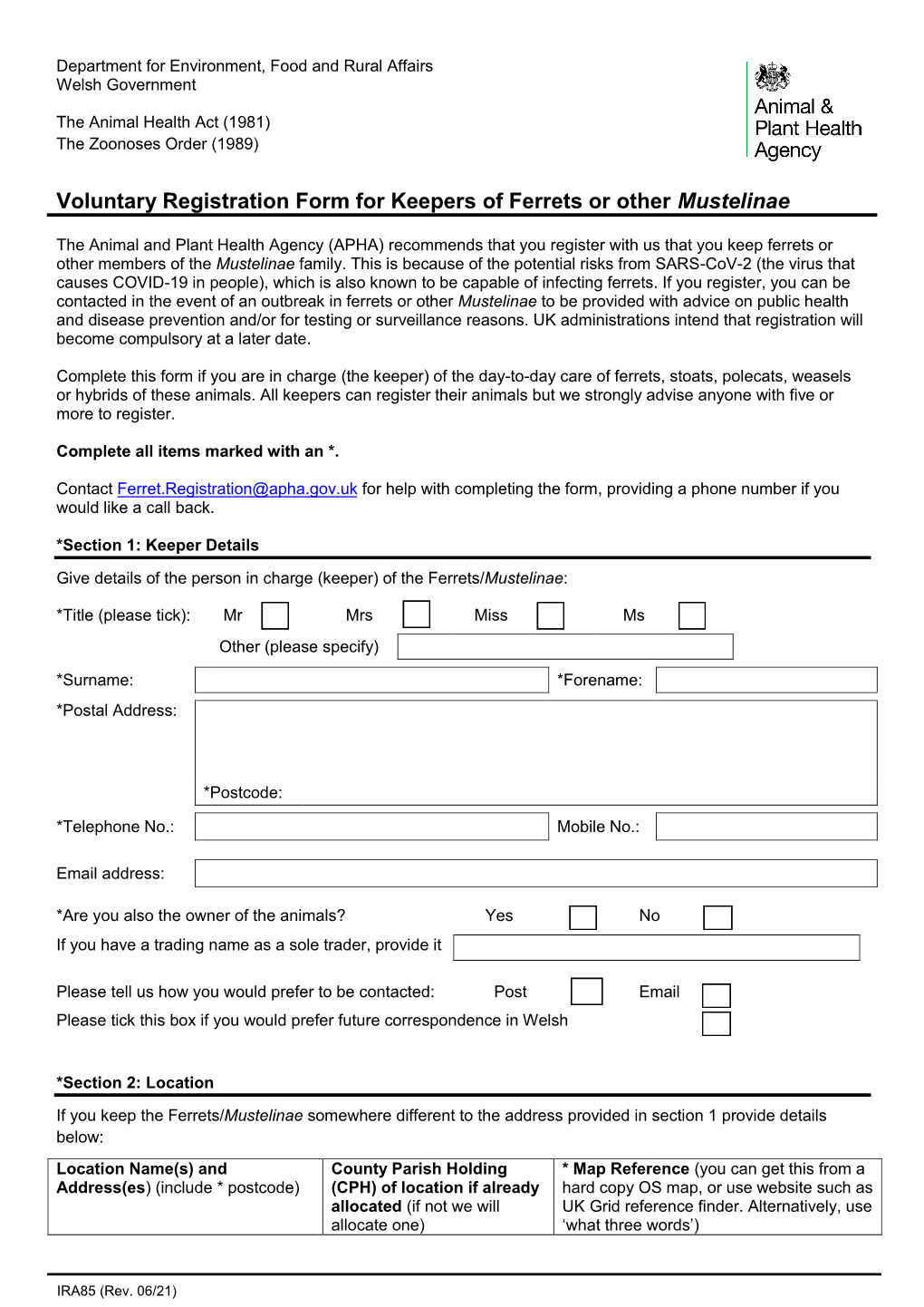 Voluntary Registration Form for Keepers of Ferrets Or Other Mustelinae