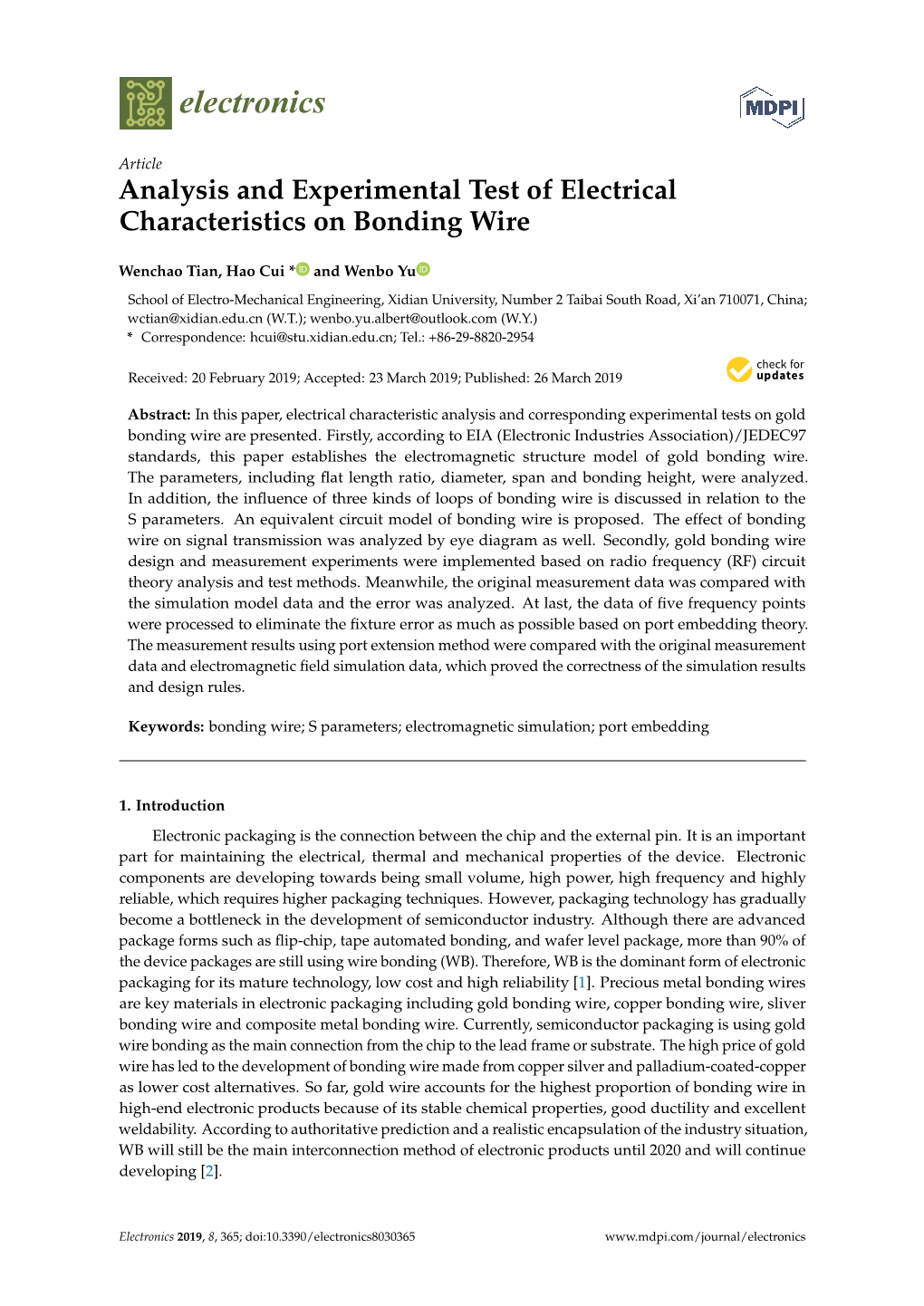 Analysis and Experimental Test of Electrical Characteristics on Bonding Wire