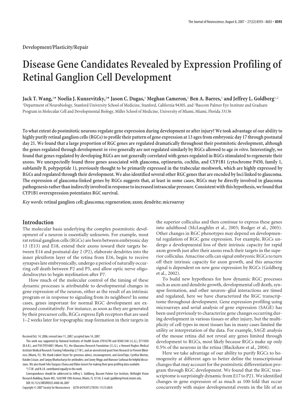 Disease Gene Candidates Revealed by Expression Profiling of Retinal Ganglion Cell Development