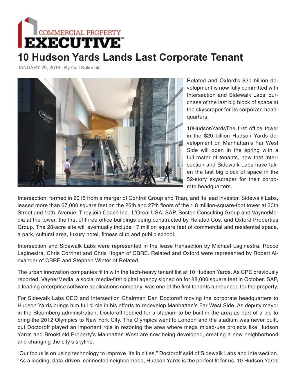 10 Hudson Yards Lands Last Corporate Tenant JANUARY 29, 2016 | by Gail Kalinoski