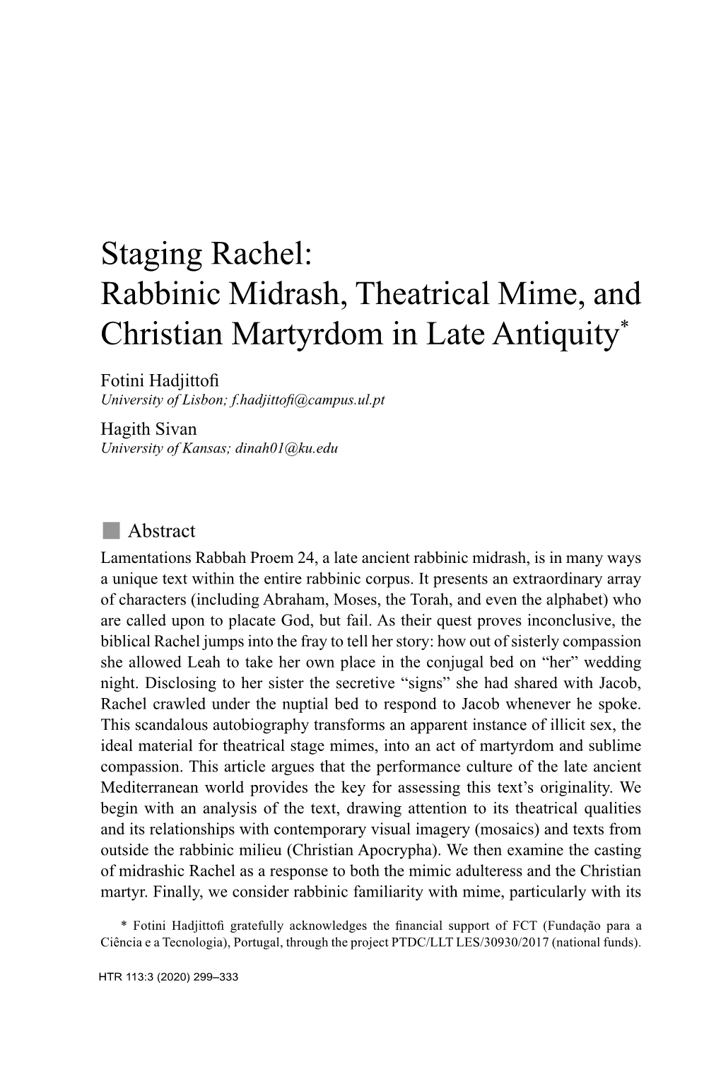 Staging Rachel: Rabbinic Midrash, Theatrical Mime, and Christian Martyrdom in Late Antiquity*
