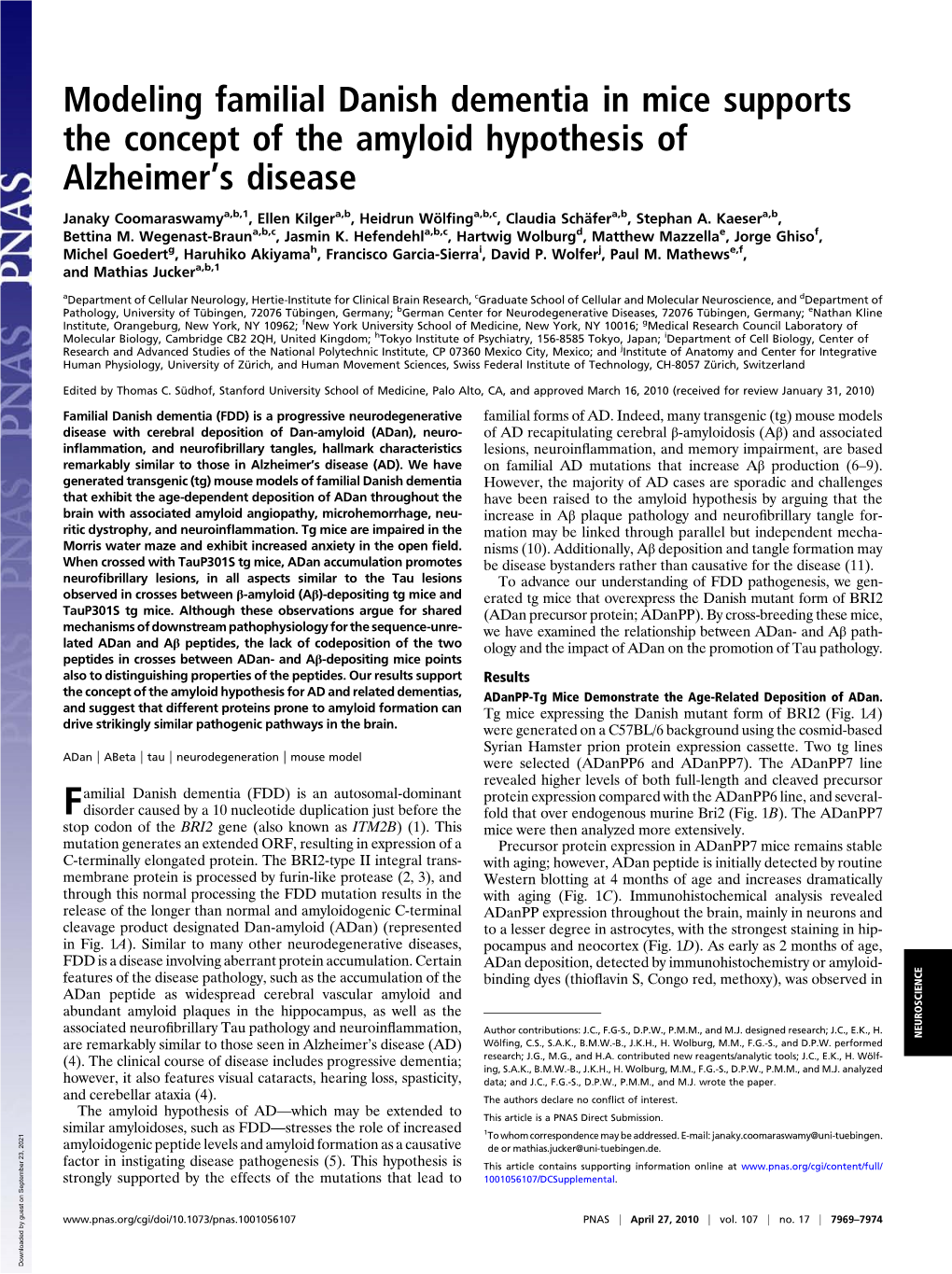 Modeling Familial Danish Dementia in Mice Supports the Concept of the Amyloid Hypothesis of Alzheimerts Disease