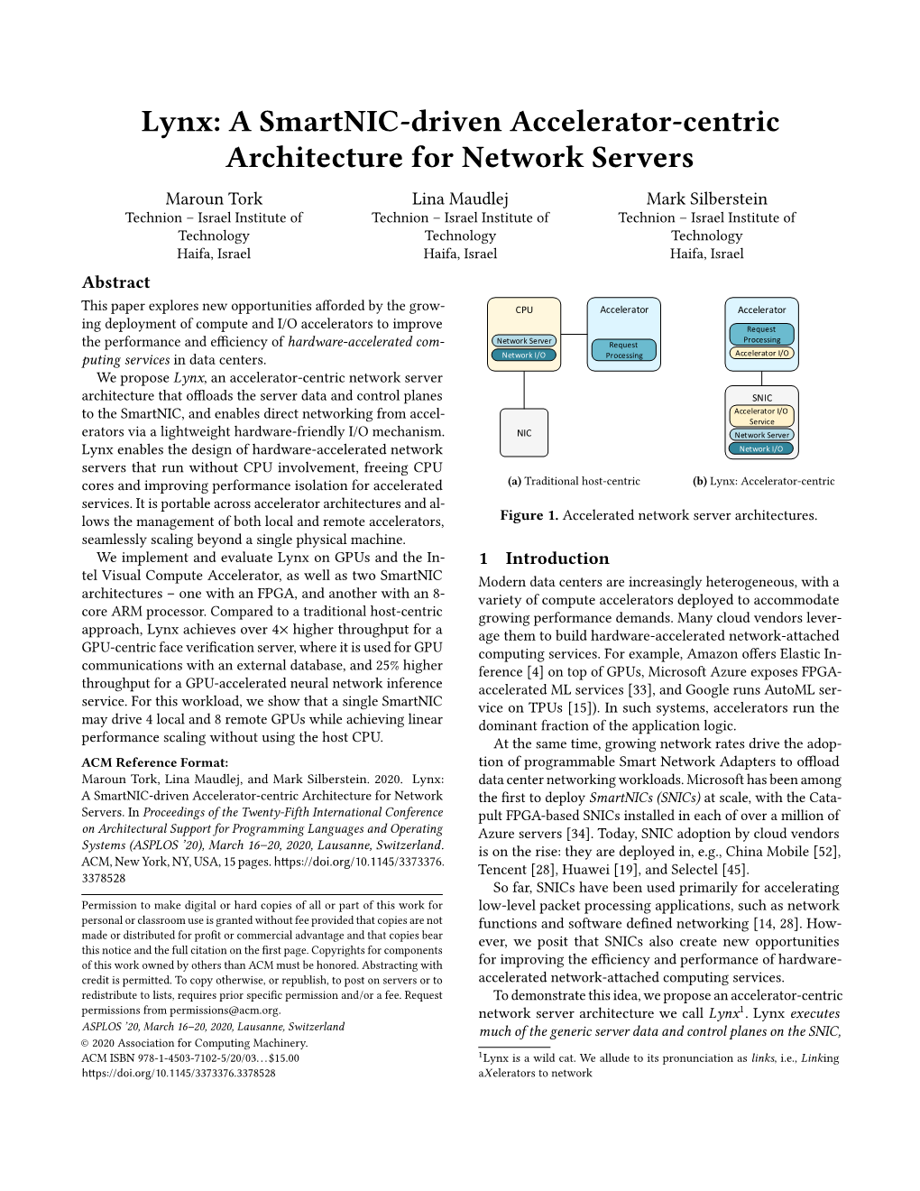 Lynx: a Smartnic-Driven Accelerator-Centric Architecture for Network Servers