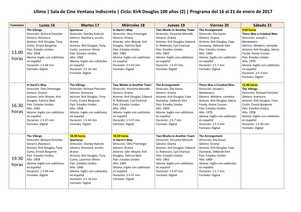 Ulima | Sala De Cine Ventana Indiscreta | Ciclo: Kirk Douglas 100 Años (2) | Programa Del 16 Al 21 De Enero De 2017 13.00 Horas