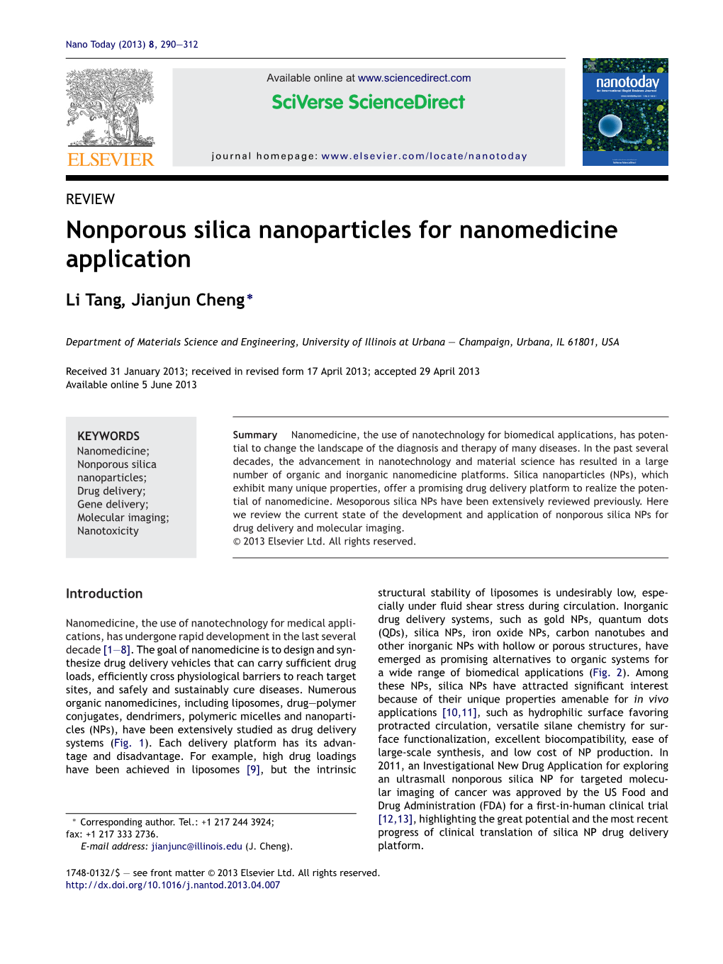 Nonporous Silica Nanoparticles for Nanomedicine Application