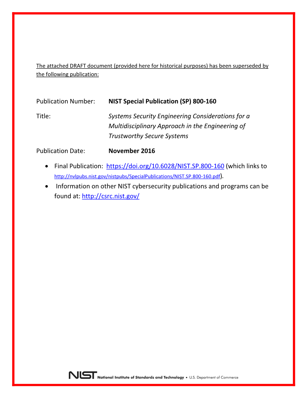 NIST Special Publication (SP) 800-160 Title