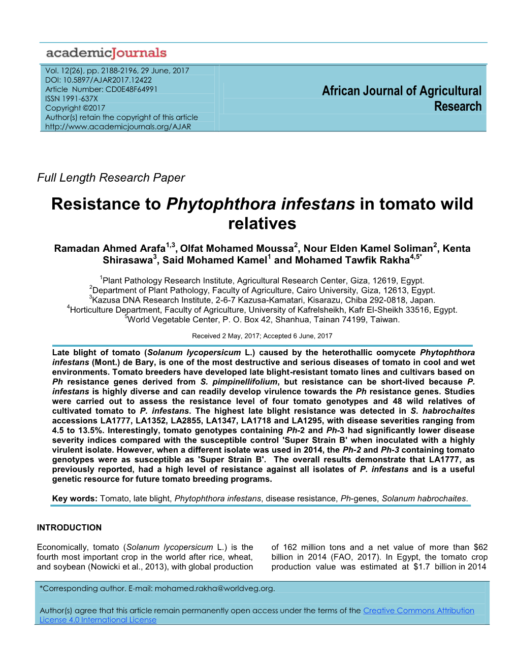 Resistance to Phytophthora Infestans in Tomato Wild Relatives