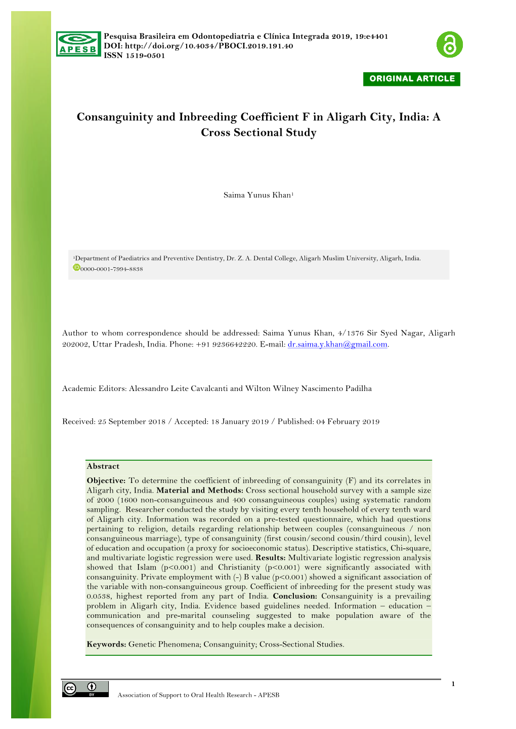 Consanguinity and Inbreeding Coefficient F in Aligarh City, India: a Cross Sectional Study