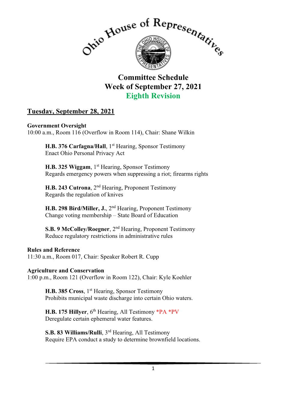 Committee Schedule Week of September 27, 2021 Eighth Revision