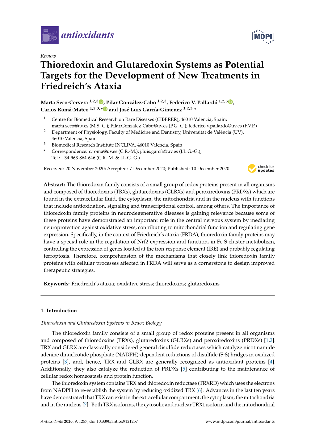 Thioredoxin and Glutaredoxin Systems As Potential Targets for the Development of New Treatments in Friedreich’S Ataxia