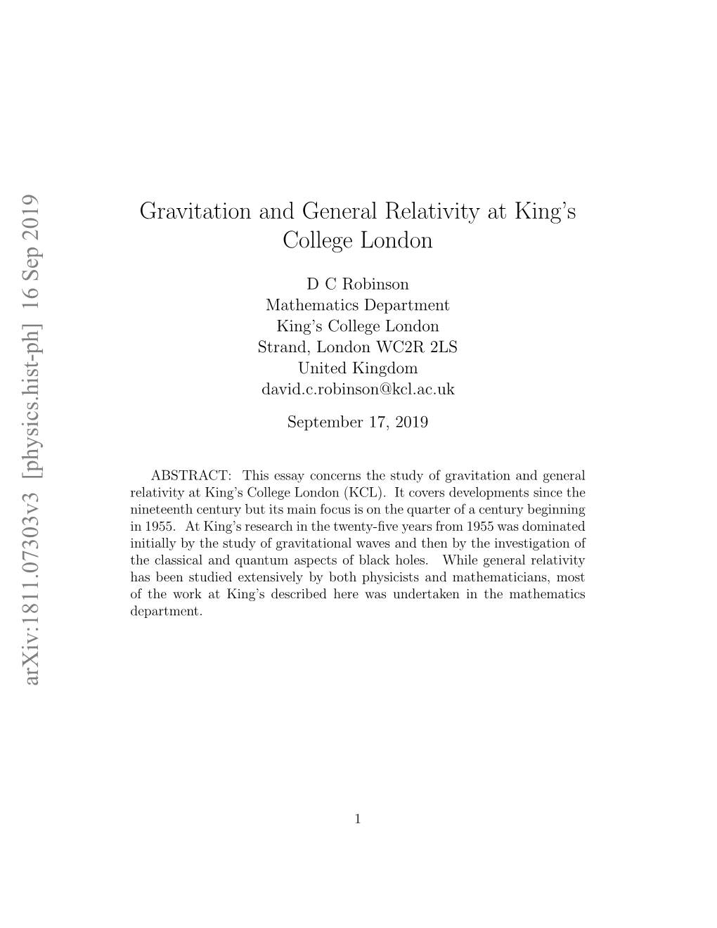 Gravitation and General Relativity at King's College London