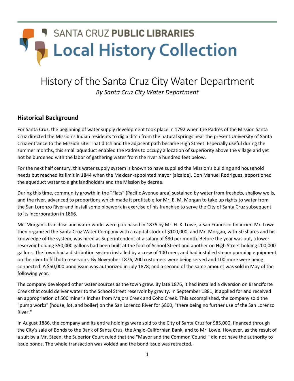 History of the Santa Cruz City Water Department by Santa Cruz City Water Department