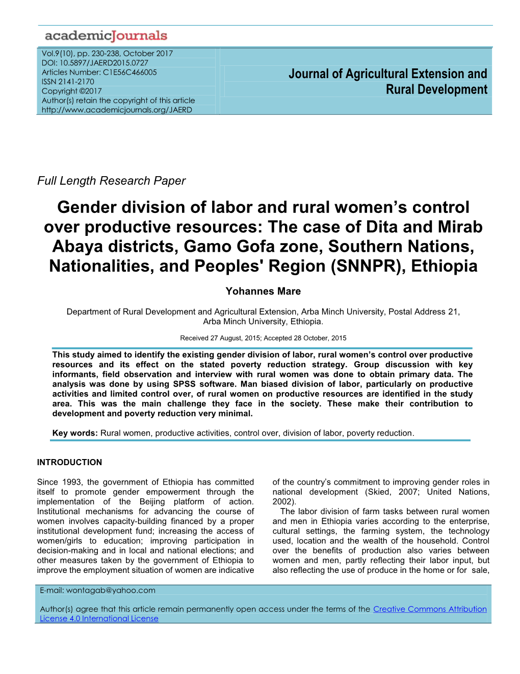 Gender Division of Labor and Rural Women's Control Over Productive