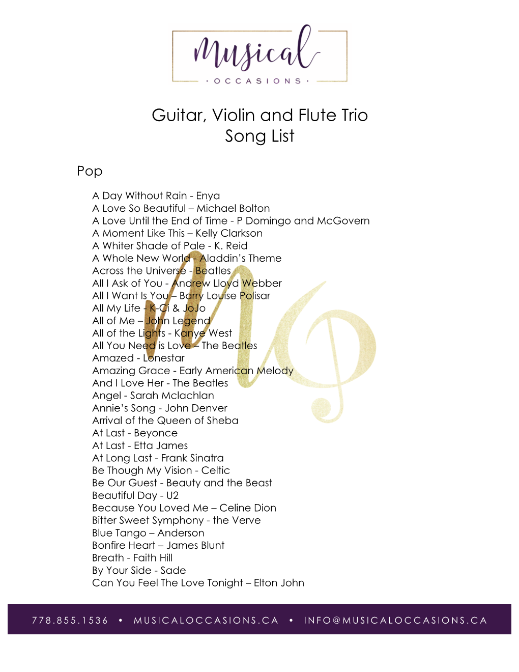 Flute, Violin and Guitar Song List