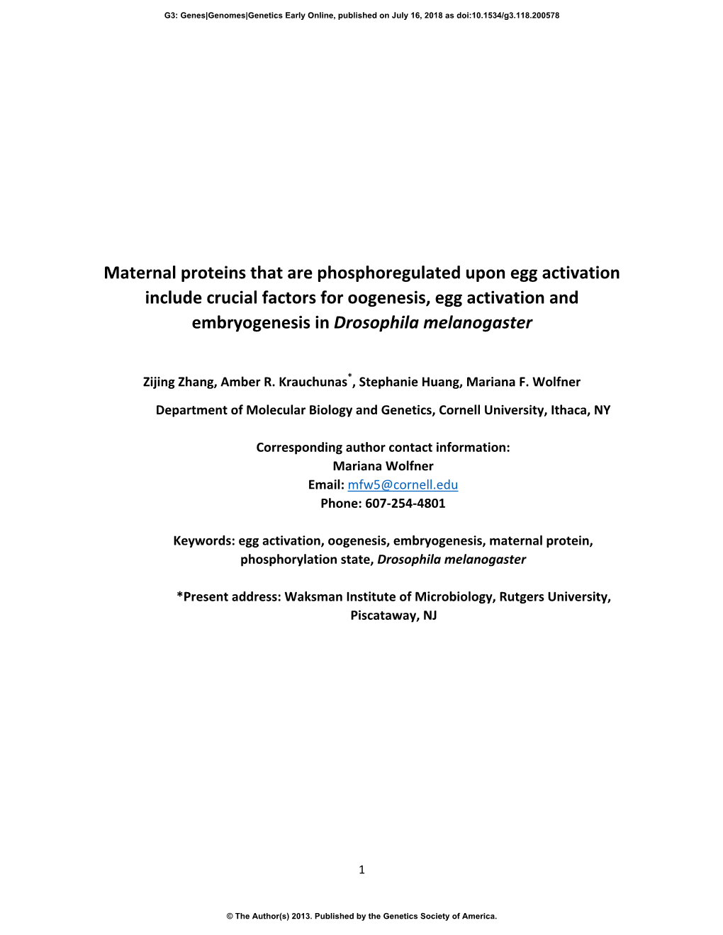 Maternal Proteins That Are Phosphoregulated Upon Egg Activation Include Crucial Factors for Oogenesis, Egg Activation and Embryogenesis in Drosophila Melanogaster