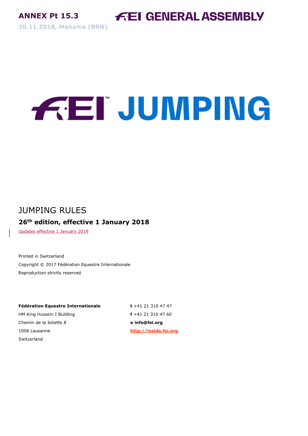 JUMPING RULES 26Th Edition, Effective 1 January 2018 Updates Effective 1 January 2019