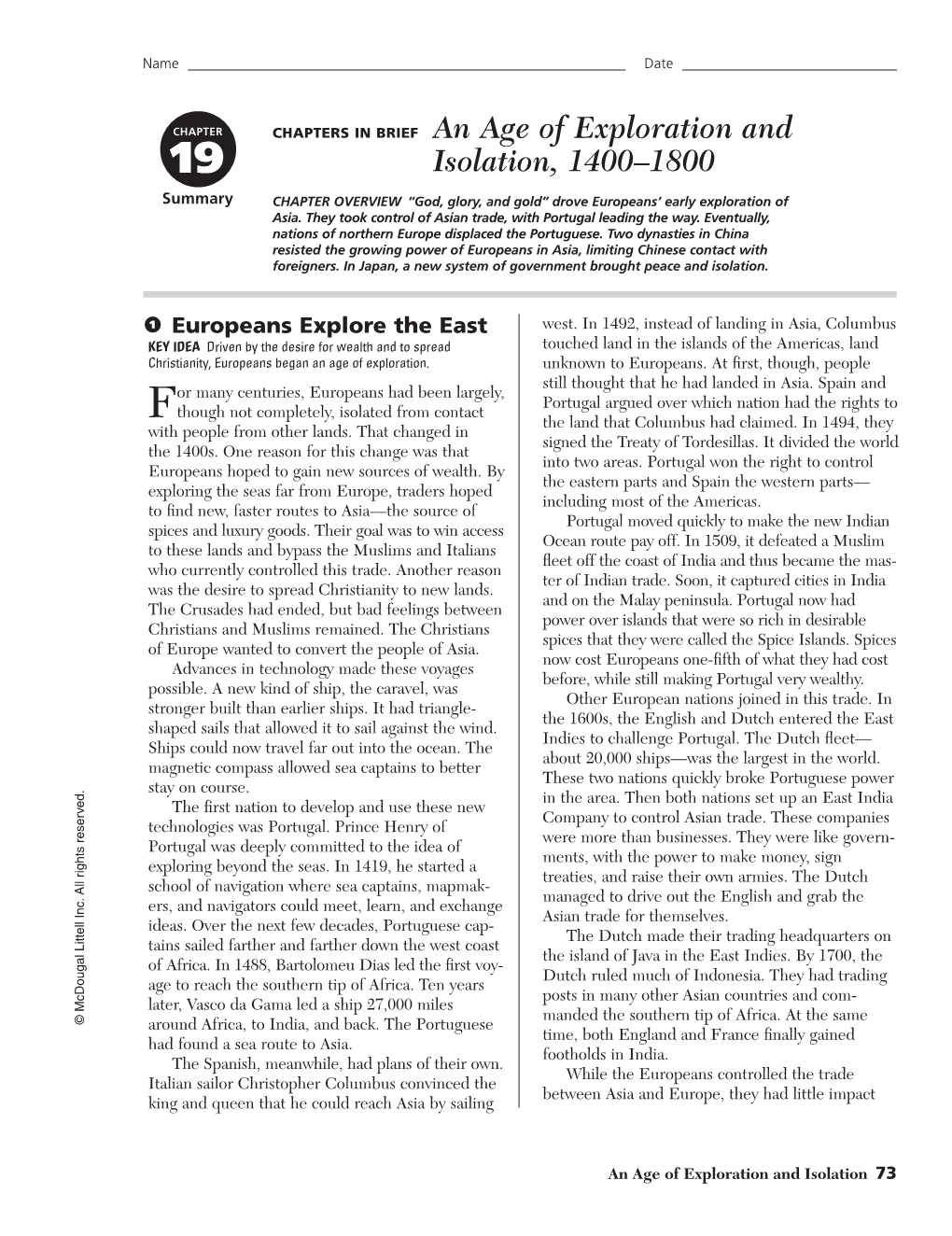 CHAPTERS in BRIEF an Age of Exploration and Isolation, 1400–1800