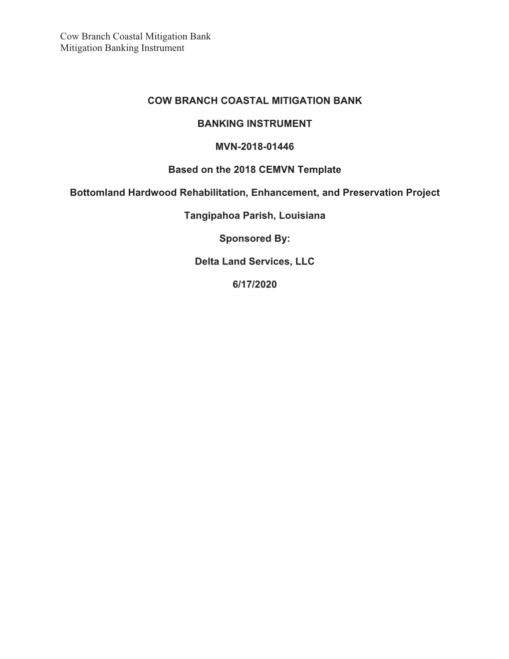 Cow Branch Coastal Mitigation Bank Mitigation Banking Instrument Page
