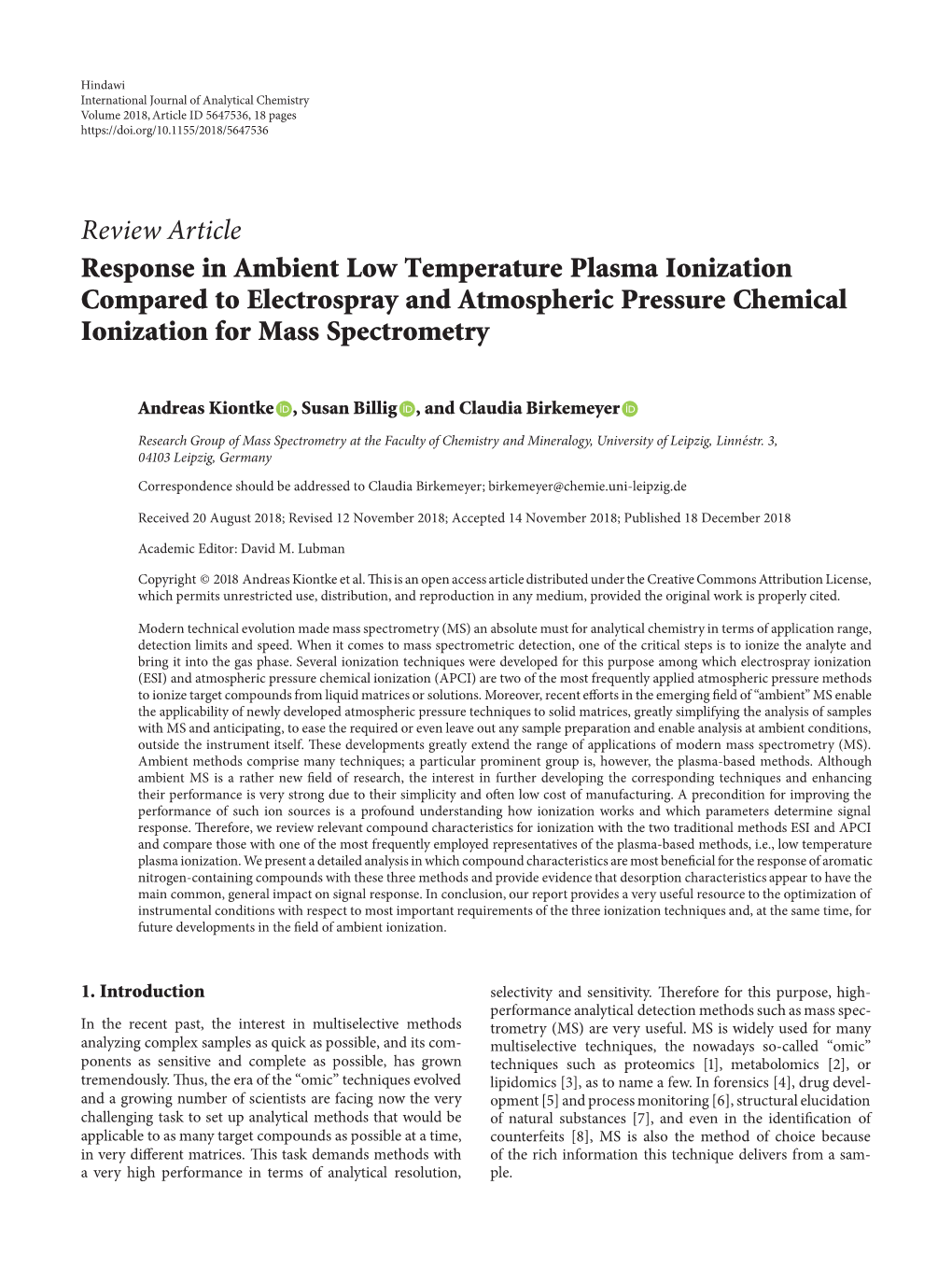 Response in Ambient Low Temperature Plasma Ionization Compared to Electrospray and Atmospheric Pressure Chemical Ionization for Mass Spectrometry