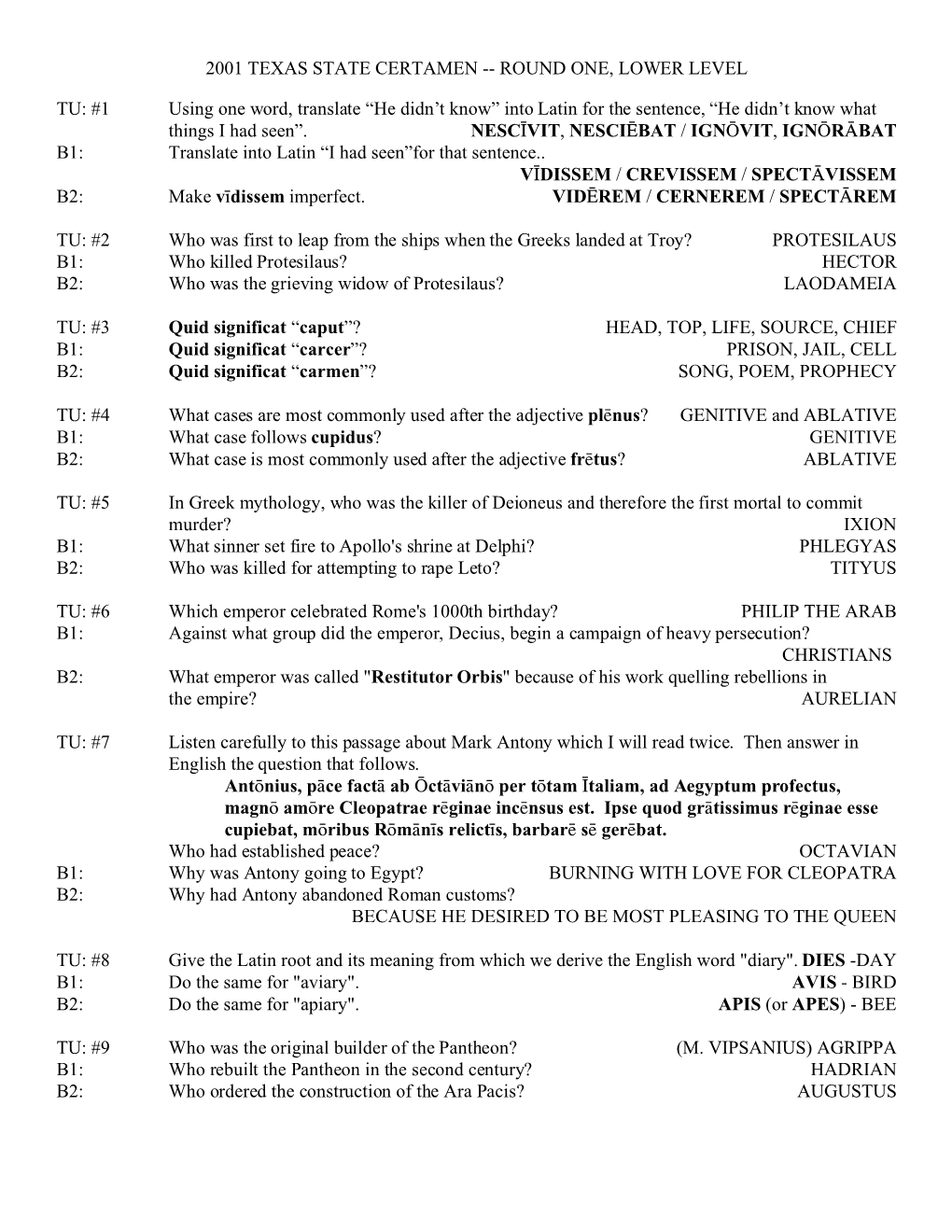 2001 Texas State Certamen -- Round One, Lower Level Tu