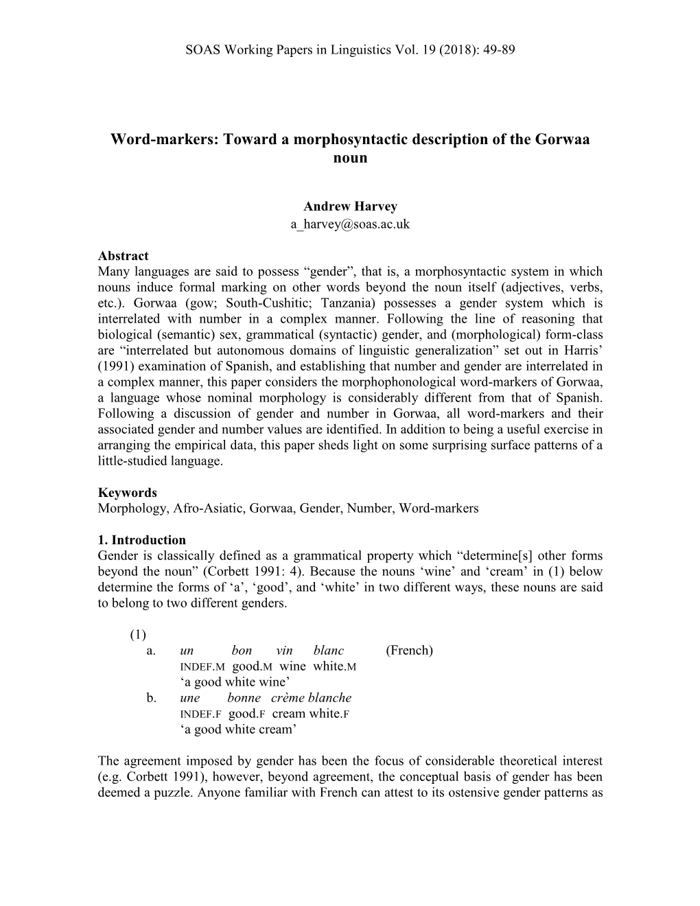 Word-Markers: Toward a Morphosyntactic Description of the Gorwaa Noun