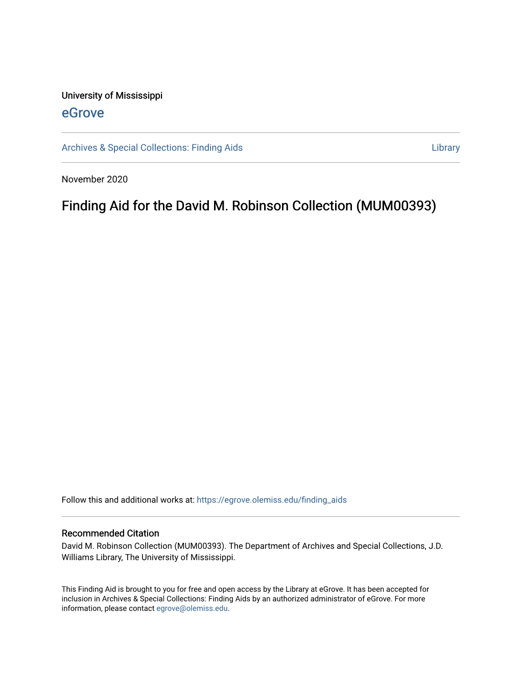 Finding Aid for the David M. Robinson Collection (MUM00393)