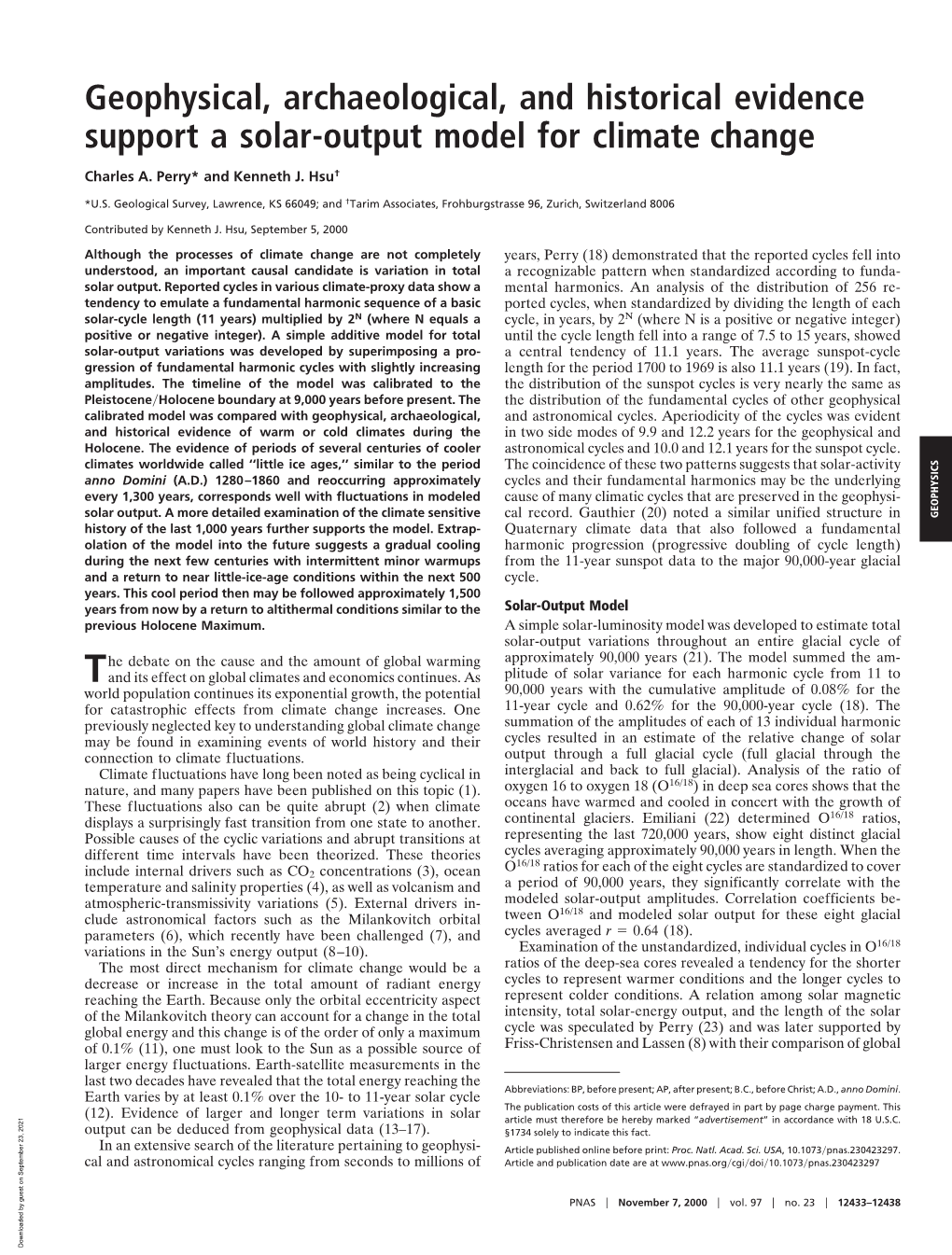 Geophysical, Archaeological, and Historical Evidence Support a Solar-Output Model for Climate Change