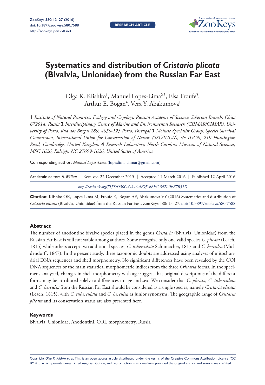 Systematics and Distribution of Cristaria Plicata (Bivalvia, Unionidae) from the Russian Far East