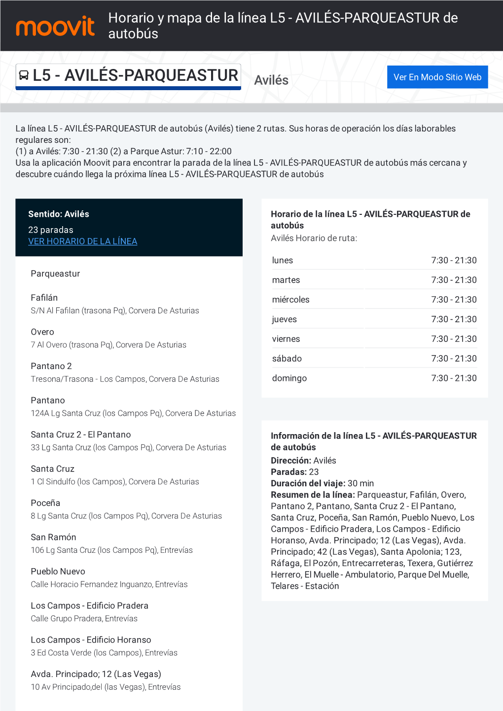 Horario Y Mapa De La Línea L5 - AVILÉS-PARQUEASTUR De Autobús