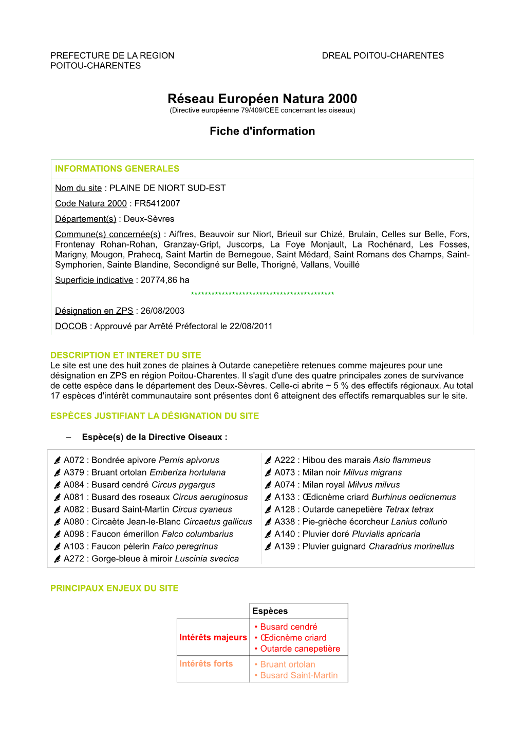 Réseau Européen Natura 2000 (Directive Européenne 79/409/CEE Concernant Les Oiseaux)