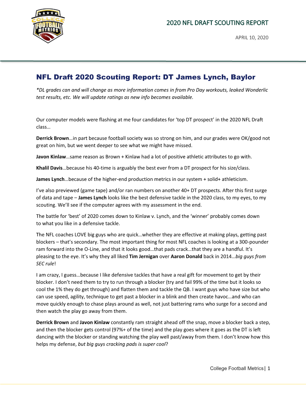 2020 NFL DRAFT SCOUTING REPORT NFL Draft 2020 Scouting Report: DT James Lynch, Baylor
