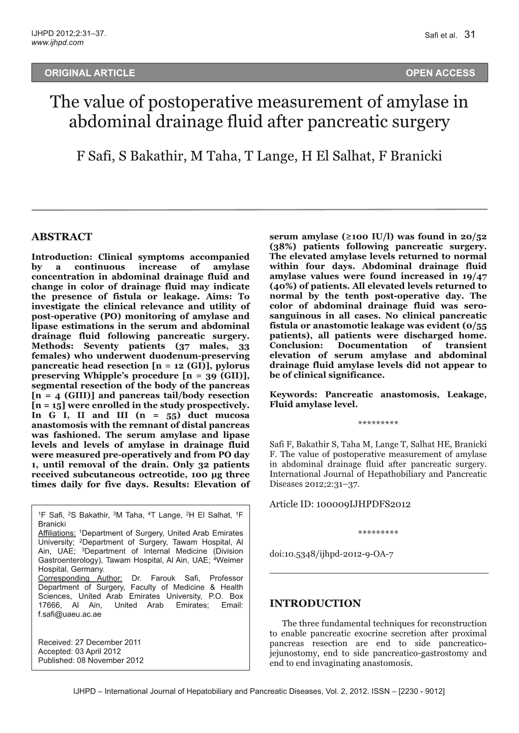 The Value of Postoperative Measurement of Amylase in Abdominal Drainage Fluid After Pancreatic Surgery