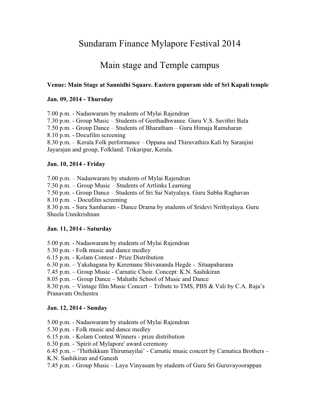 Sundaram Finance Mylapore Festival 2014 Main Stage and Temple Campus