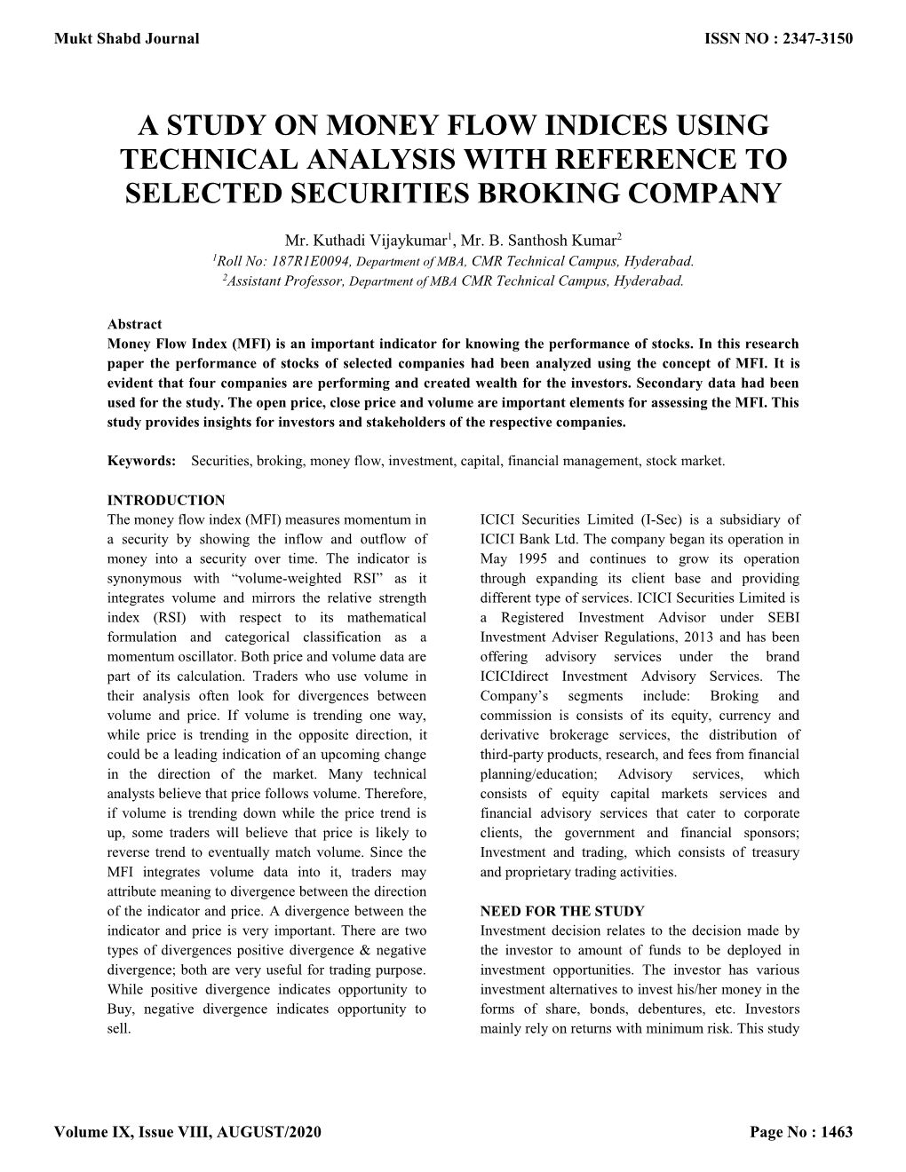 A Study on Money Flow Indices Using Technical Analysis with Reference to Selected Securities Broking Company