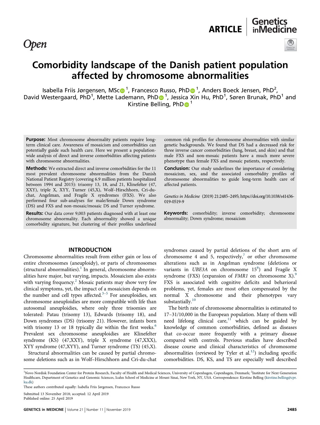 Comorbidity Landscape of the Danish Patient Population Affected by Chromosome Abnormalities