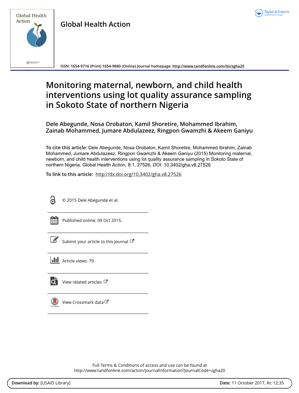 Monitoring Maternal, Newborn, and Child Health Interventions Using Lot Quality Assurance Sampling in Sokoto State of Northern Nigeria