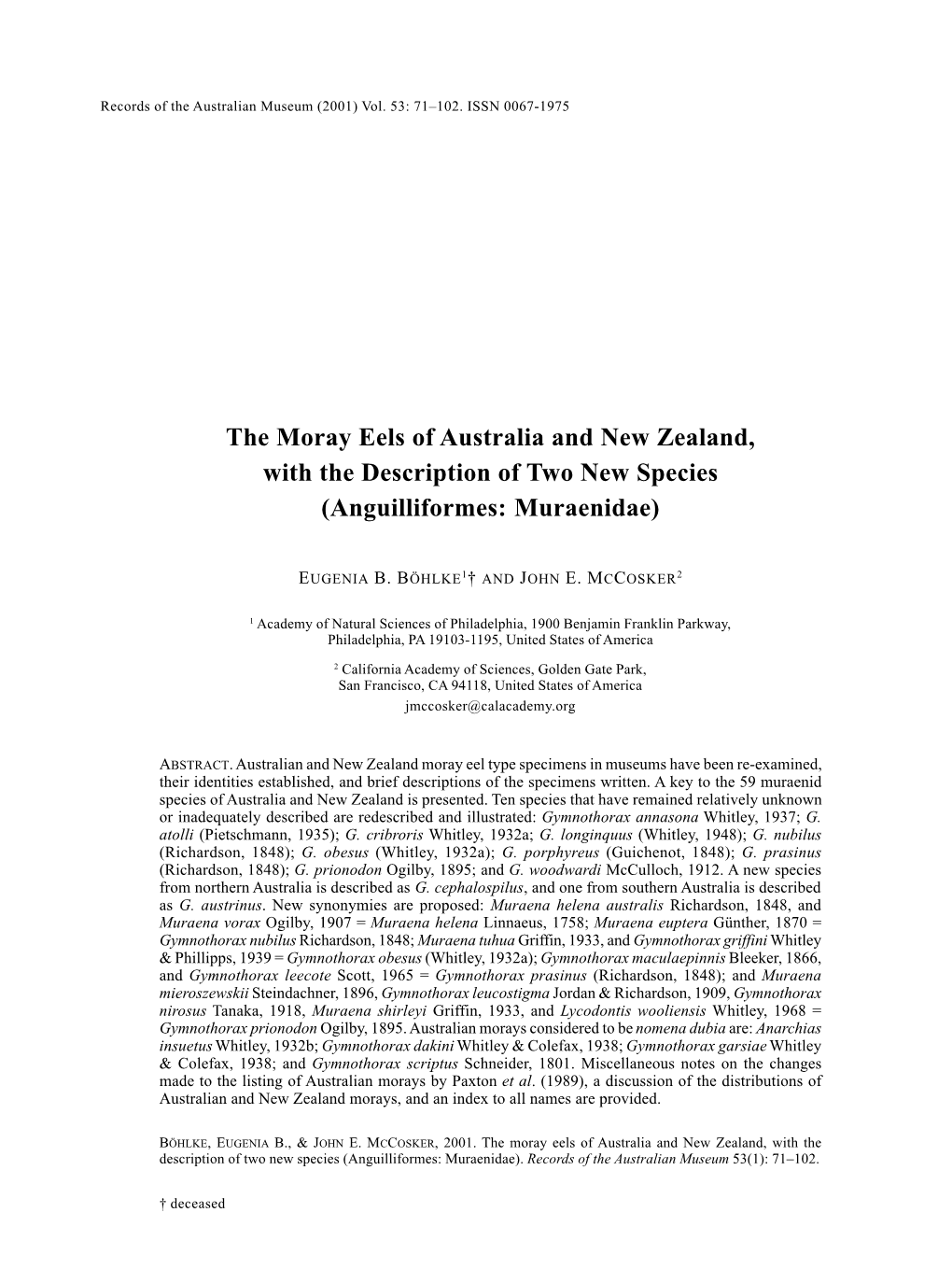 The Moray Eels of Australia and New Zealand, with the Description of Two New Species (Anguilliformes: Muraenidae)