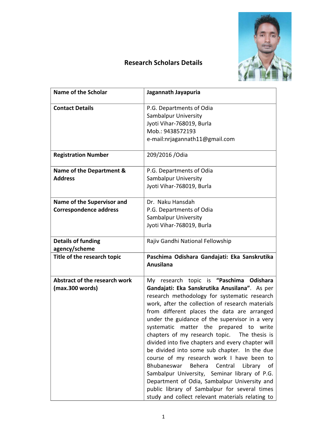 Research Scholars Details