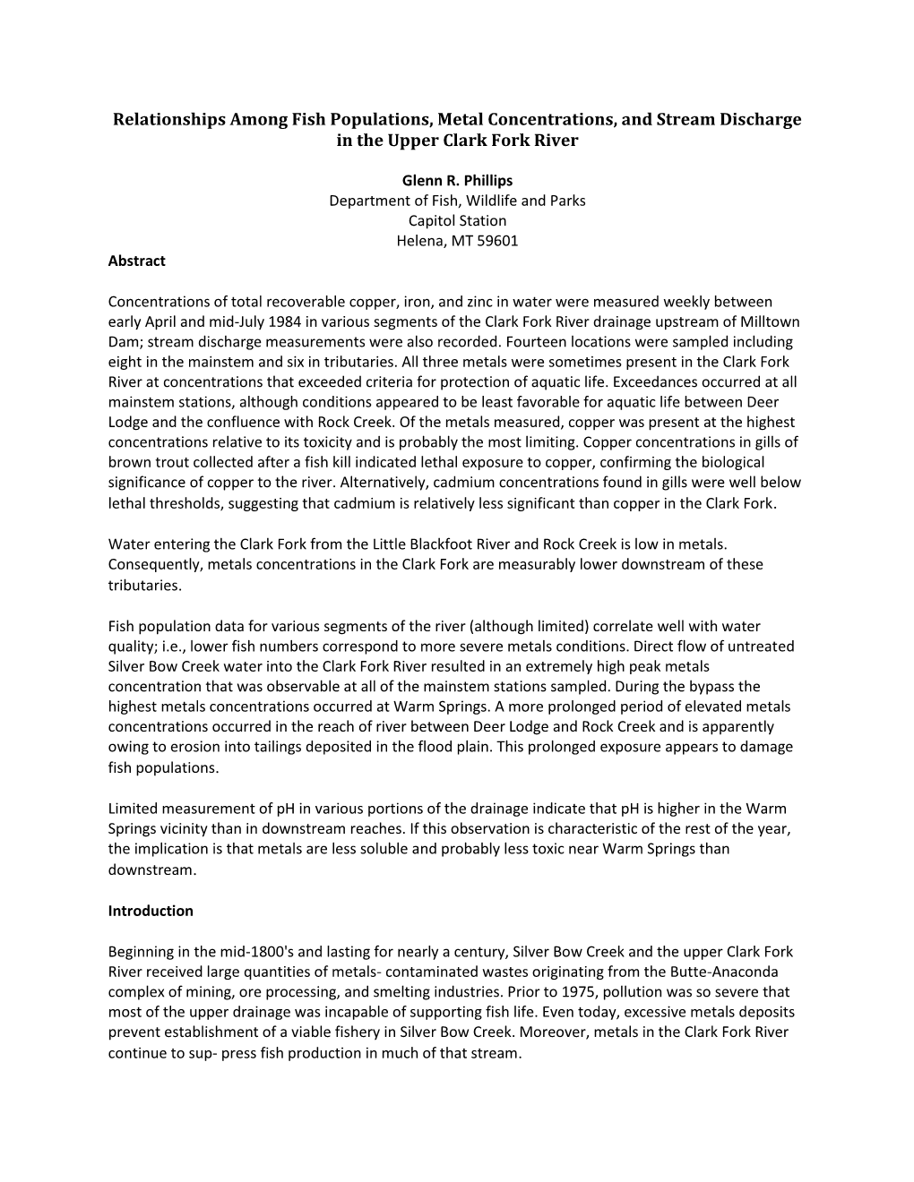 Relationships Among Fish Populations, Metal Concentrations, and Stream Discharge in the Upper Clark Fork River