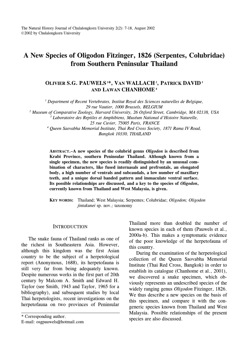 A New Species of Oligodon Fitzinger, 1826 (Serpentes, Colubridae) from Southern Peninsular Thailand