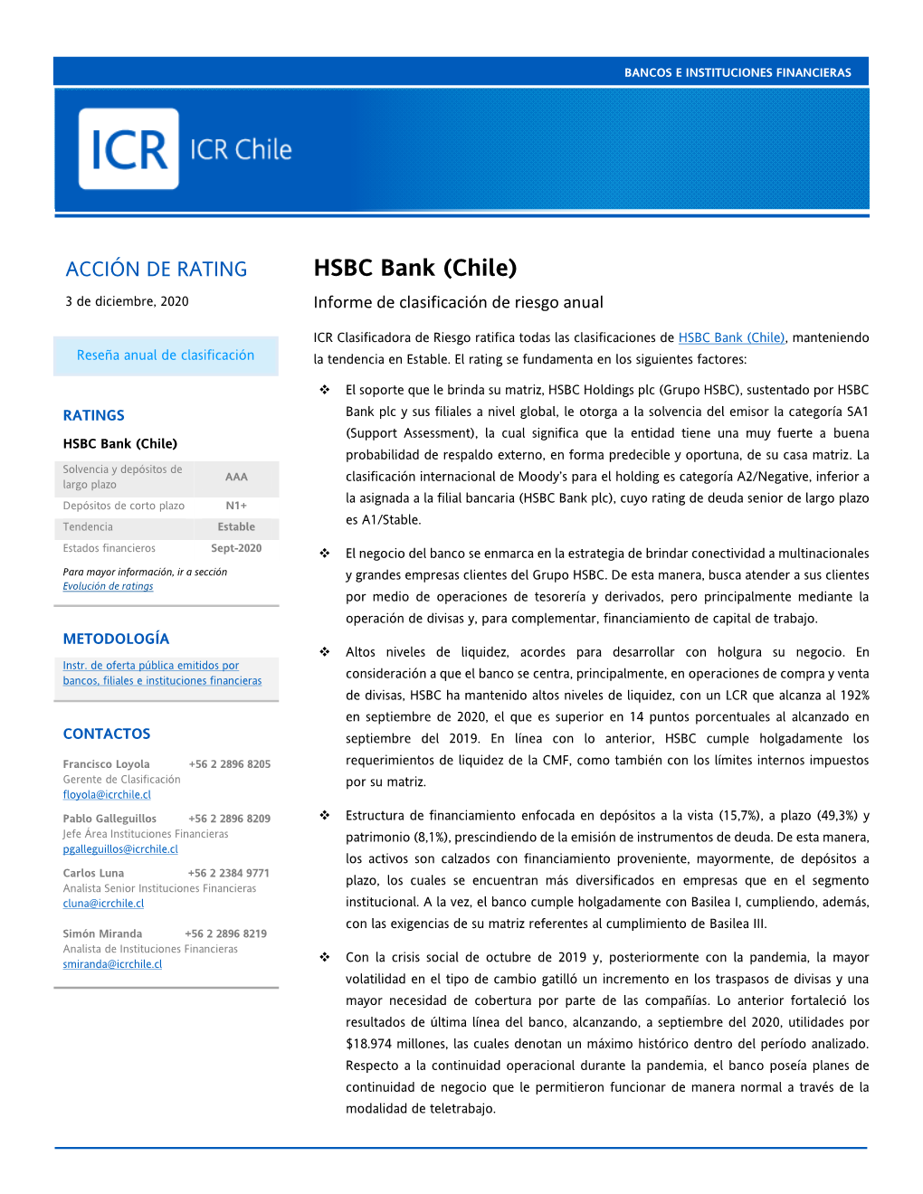 HSBC Bank (Chile) 3 De Diciembre, 2020 Informe De Clasificación De Riesgo Anual