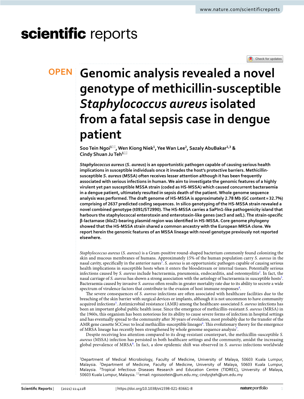 Genomic Analysis Revealed a Novel Genotype of Methicillin-Susceptible