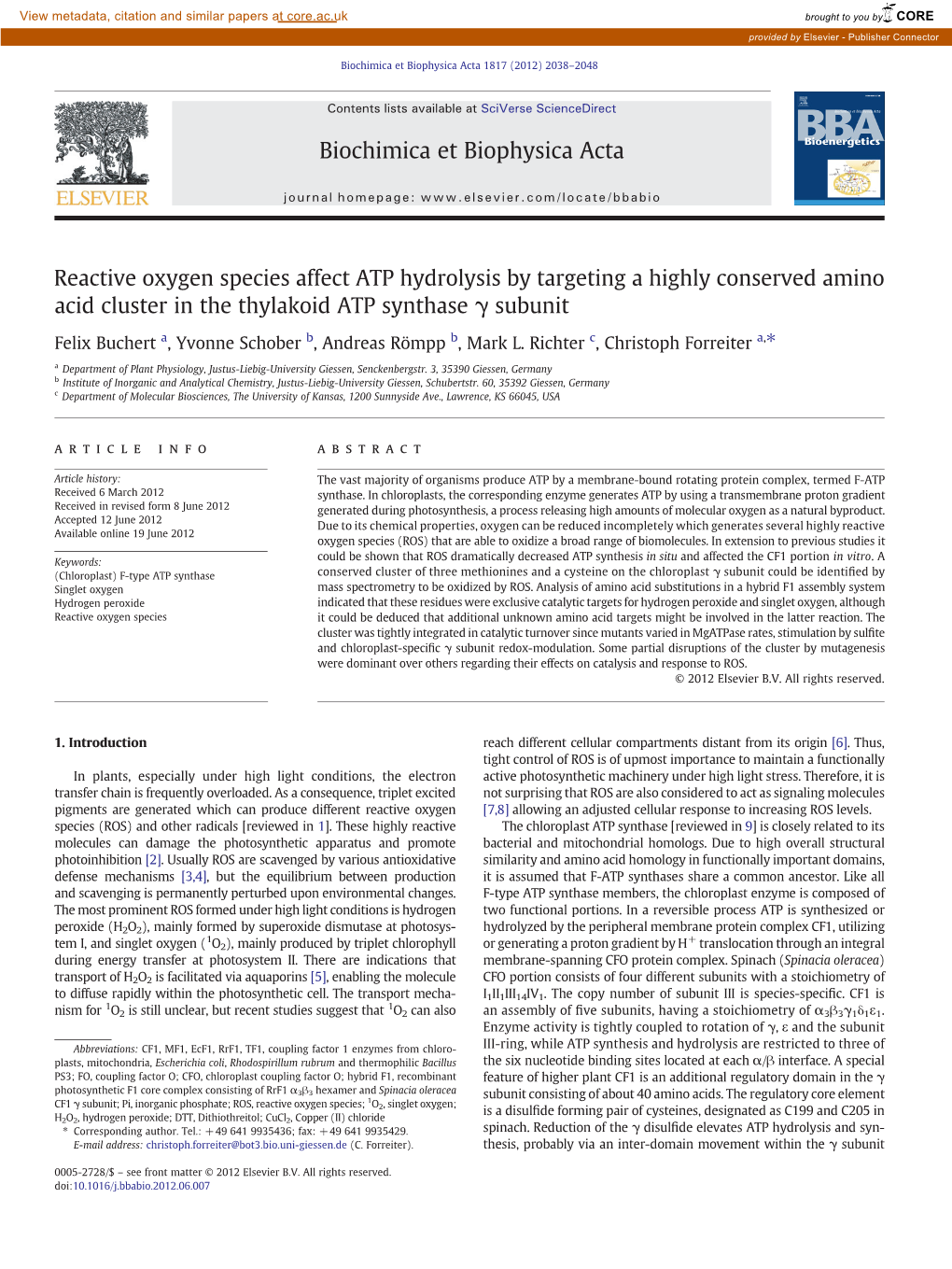 Reactive Oxygen Species Affect ATP Hydrolysis by Targeting a Highly Conserved Amino Acid Cluster in the Thylakoid ATP Synthase Γ Subunit