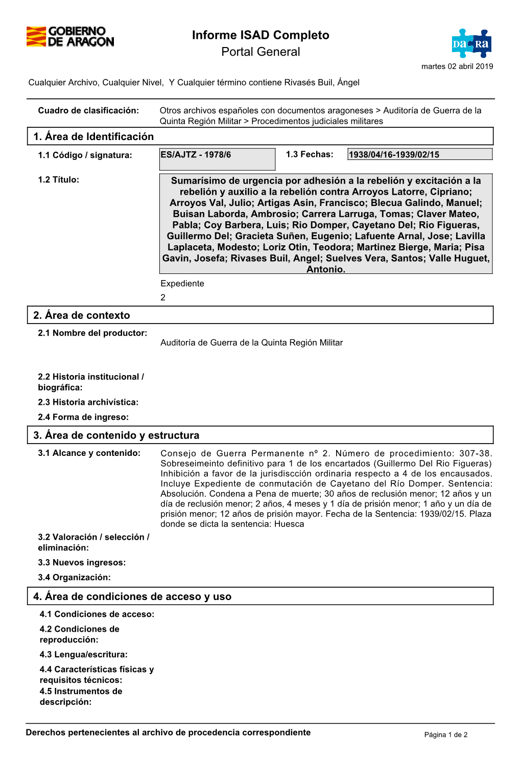 Informe ISAD Completo Portal General Martes 02 Abril 2019 Cualquier Archivo, Cualquier Nivel, Y Cualquier Término Contiene Rivasés Buil, Ángel