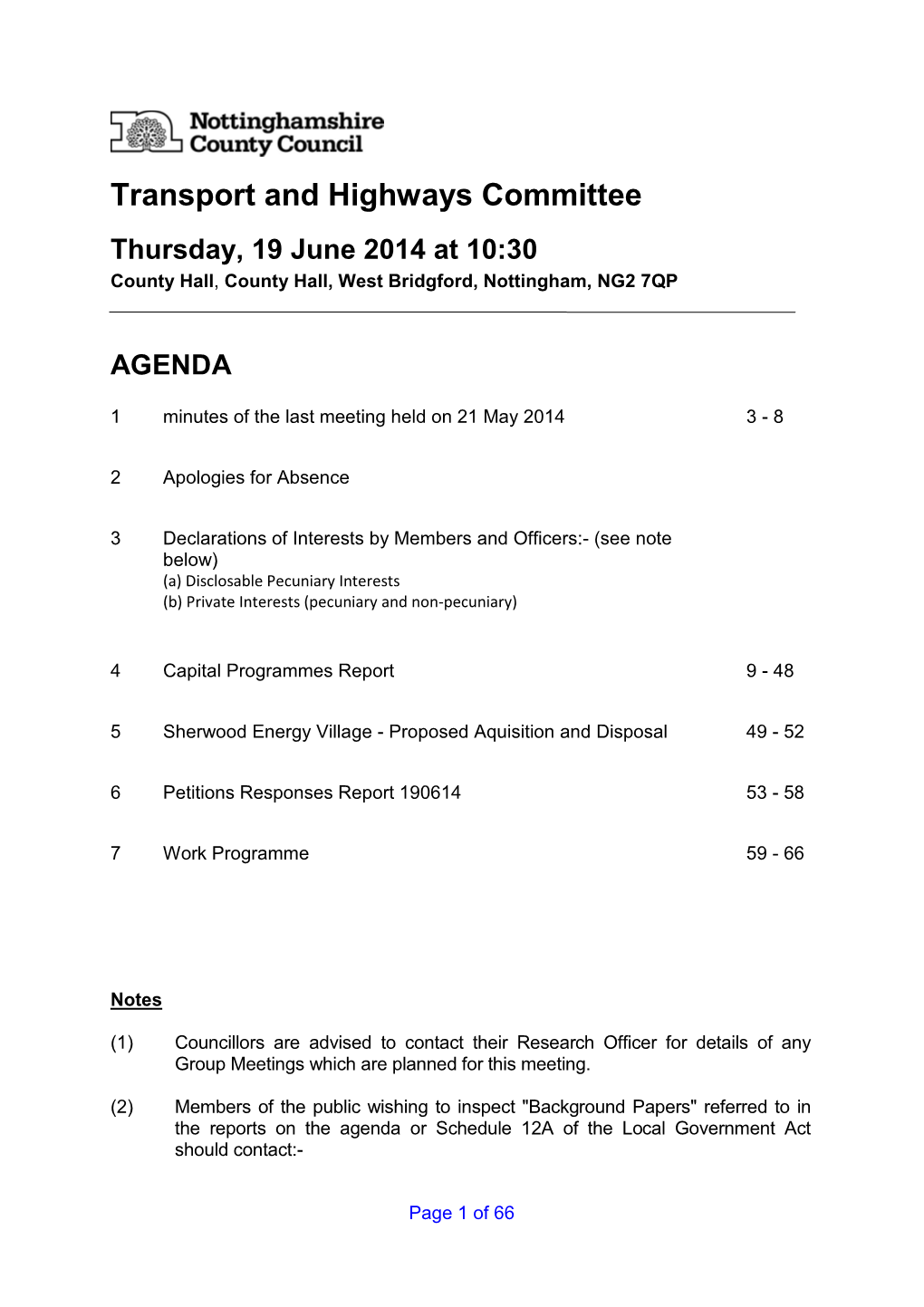 Transport and Highways Committee Thursday, 19 June 2014 at 10:30 County Hall , County Hall, West Bridgford, Nottingham, NG2 7QP