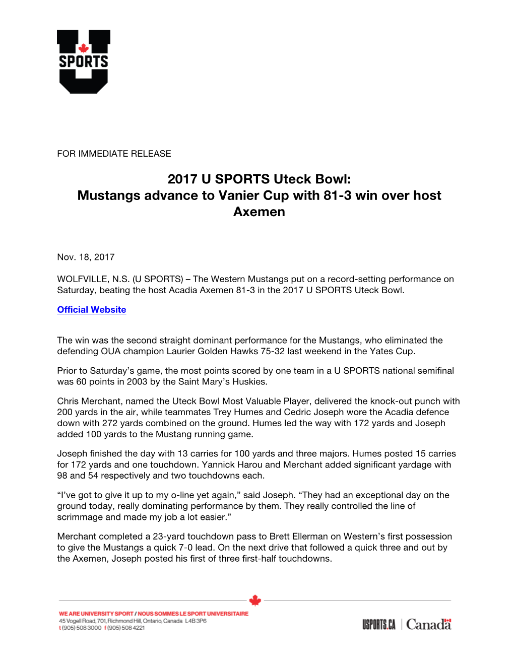 2017 U SPORTS Uteck Bowl: Mustangs Advance to Vanier Cup with 81-3 Win Over Host Axemen