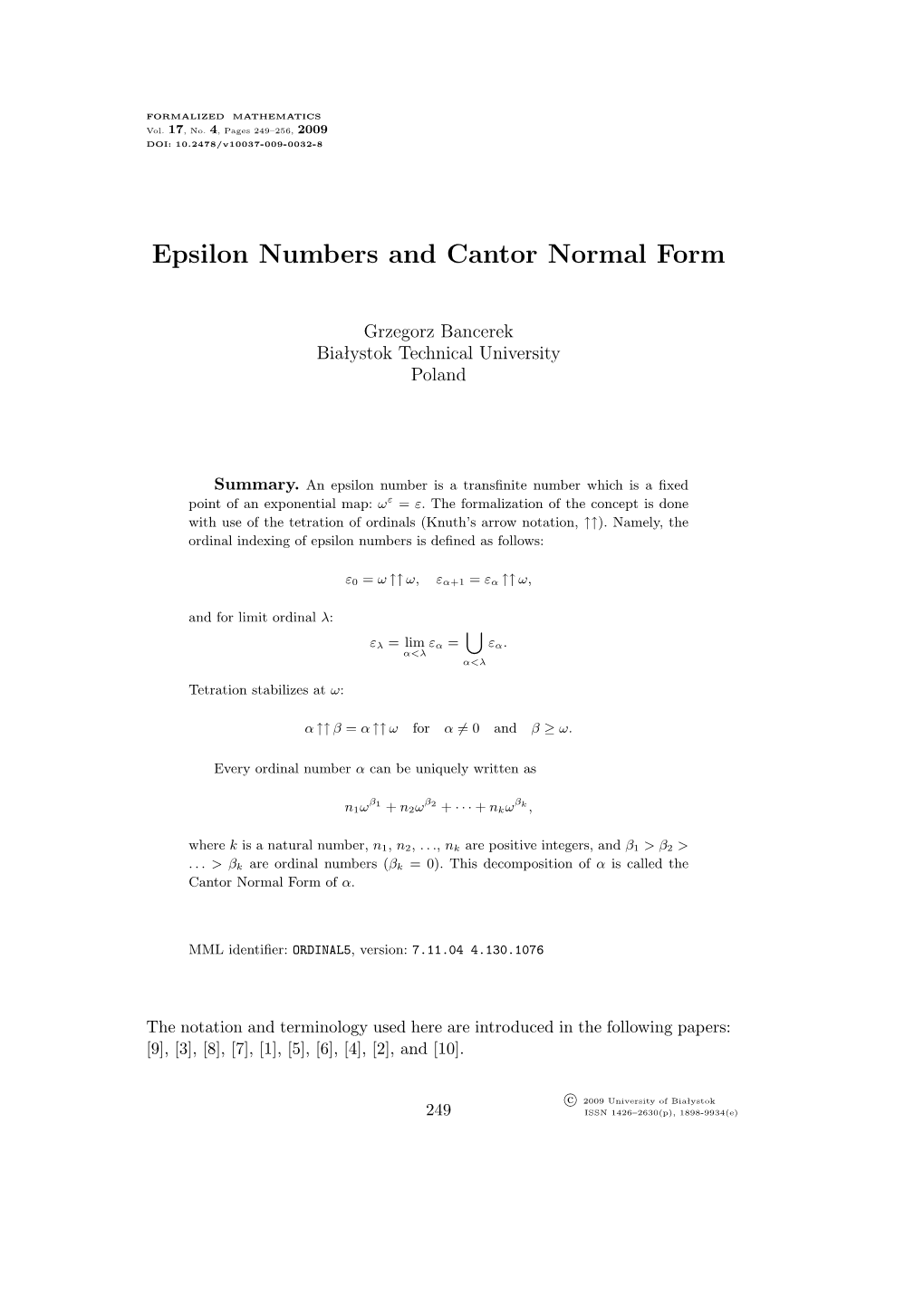 Epsilon Numbers and Cantor Normal Form