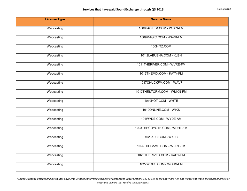 Services That Have Paid Soundexchange Through Q3 2013 10/15/2013